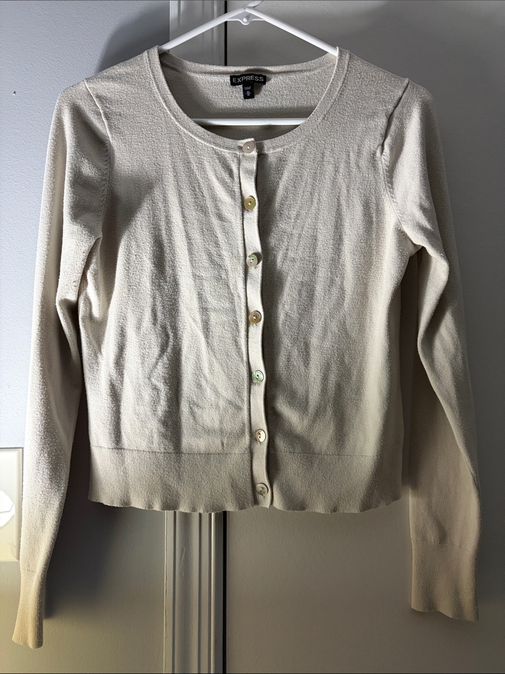Express Women's Cream Button-Up Crewneck Cardigan